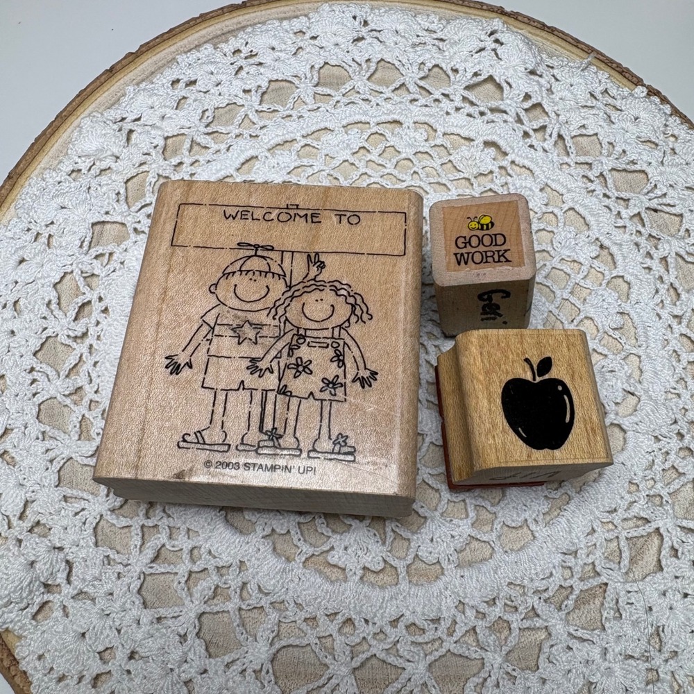 Vintage Classroom Stamp Lot Wood Mounted Rubber Stamps Teacher School Students